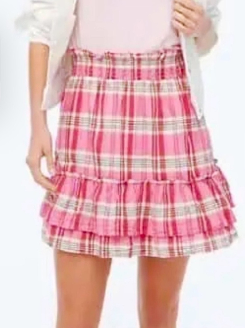 JCREW NWT Pink Plaid Ruffle Mini Skirt Cotton Lined Comfy Pull-on Blokecore